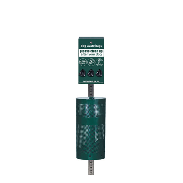 D045 low profile dog waste station. Green with round can.